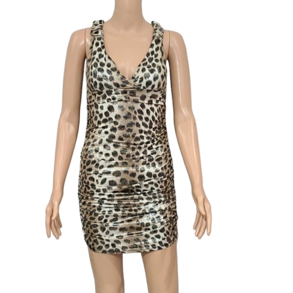 RECKLESS HEARTS Metallic Leopard print Ruched Stretch Sheath Dress Bodycon Sz M‎